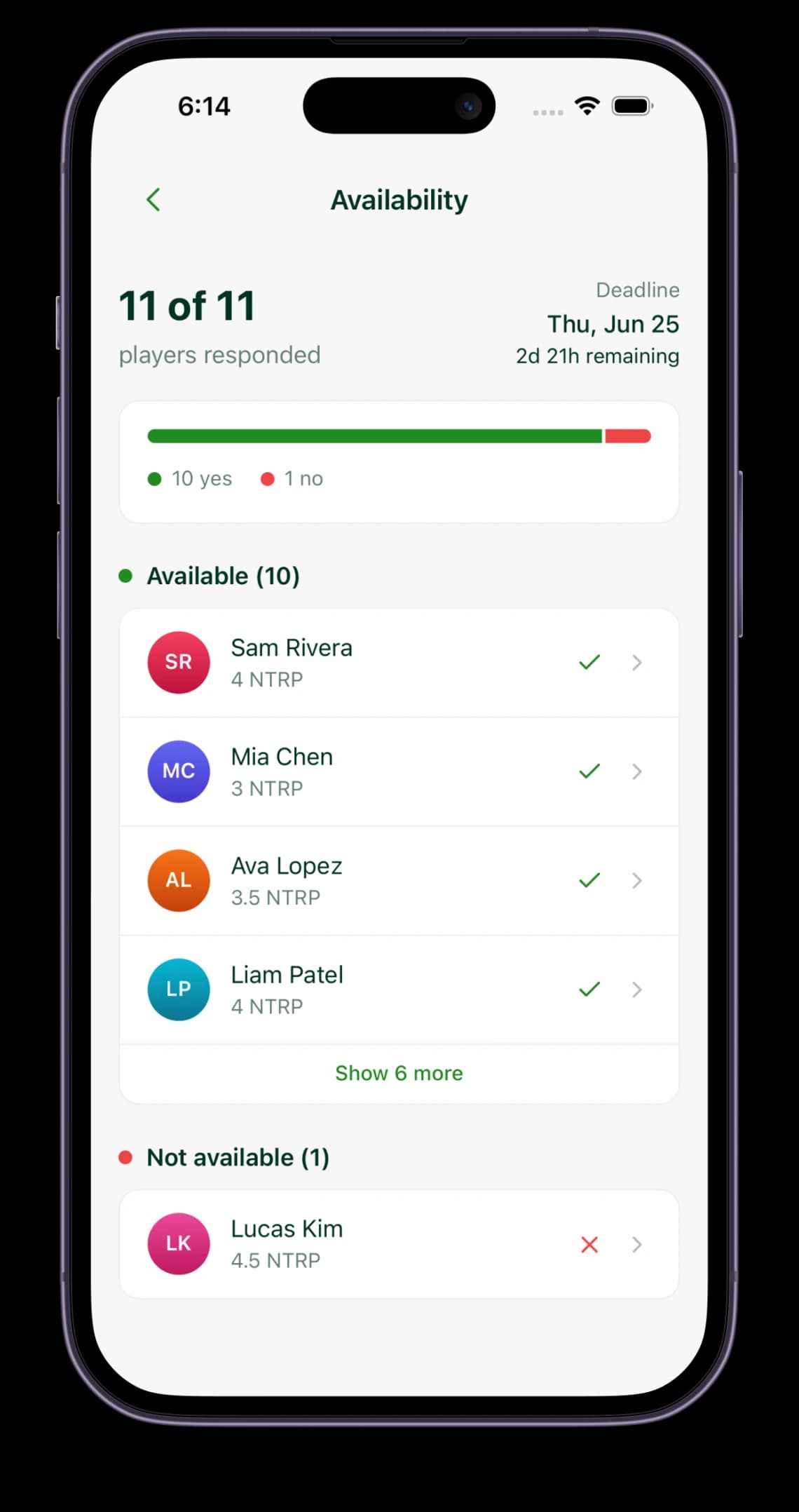 Ralle app availability screen showing which players responded yes or no