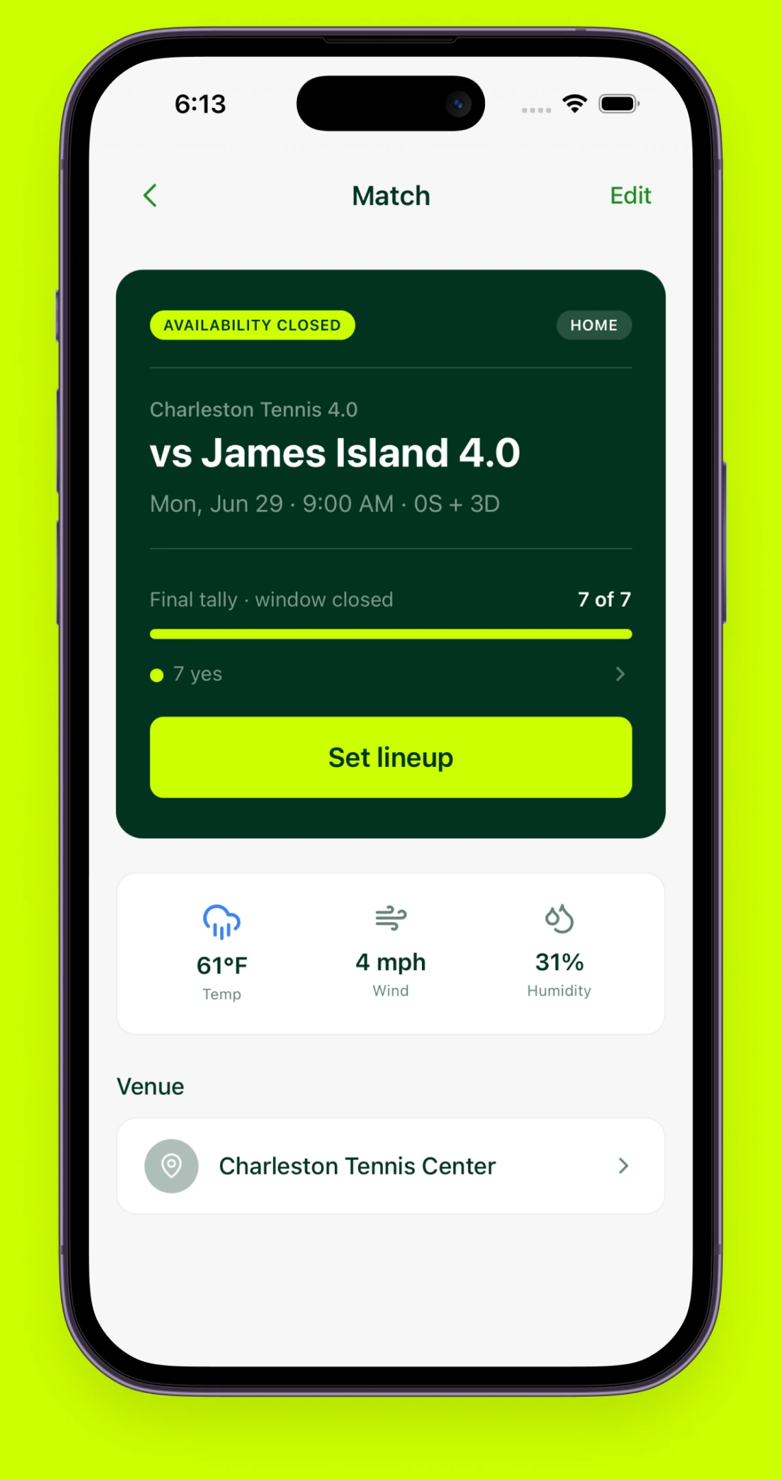 Ralle app match screen with availability, weather, and the set-lineup action