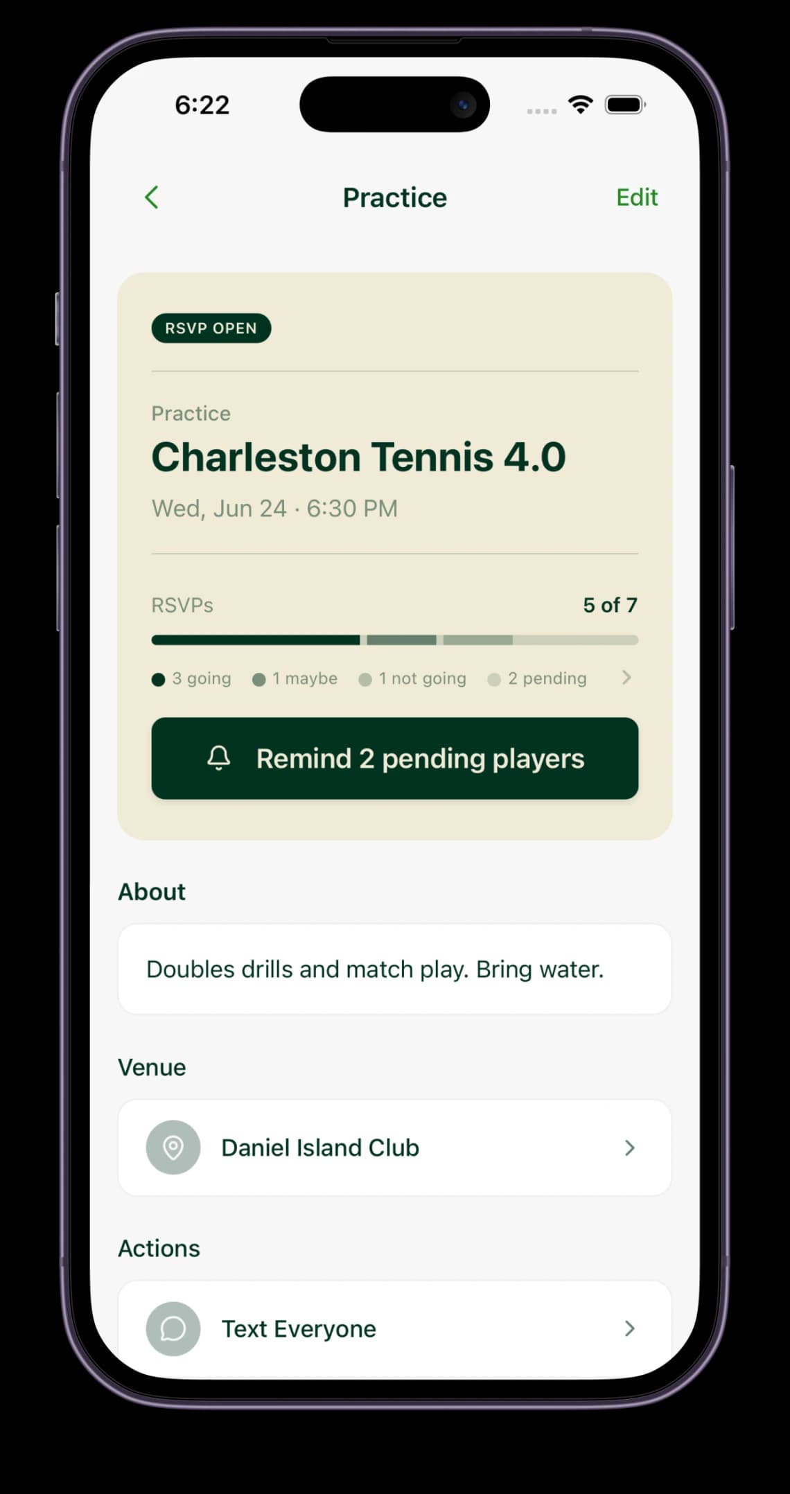 Ralle app practice screen with RSVPs and a reminder for pending players