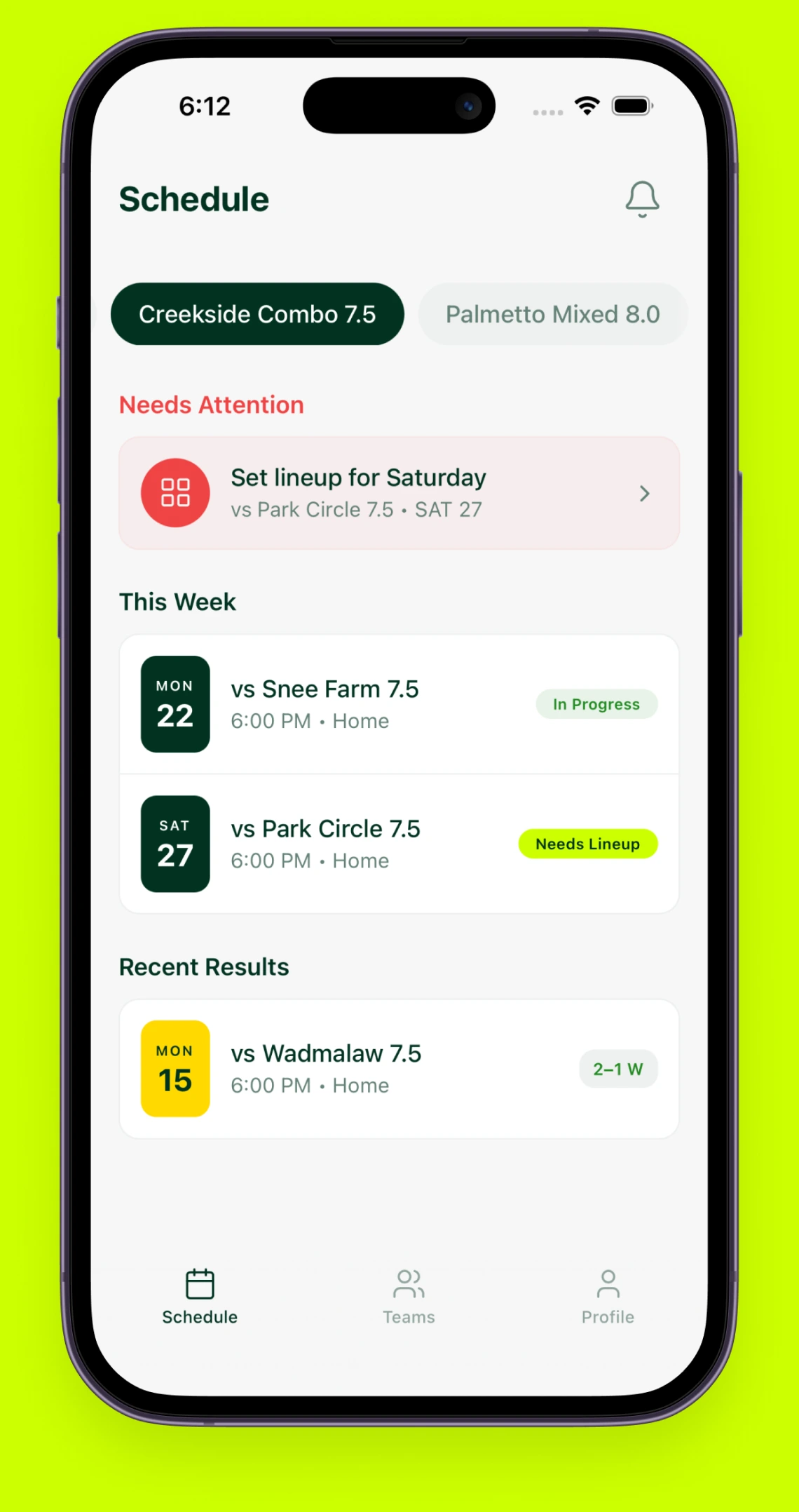 Ralle app schedule showing the week's tennis matches and who still needs to respond